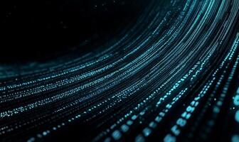 Abstract digital data stream flowing in curves. A complex network of light blue data lines and points against a dark background photo