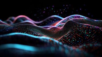 Abstract digital landscape of colorful data points. Dynamic wave patterns of vibrant particles against a dark background photo