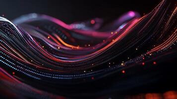 Abstract digital wave of colorful particles. Complex network of flowing lines and shimmering points create a dynamic, futuristic design photo