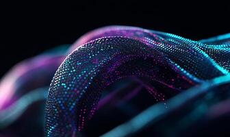Abstract digital fabric with vibrant dots. Fluid, textured, and dynamic forms in a dark background with glowing, colorful, dotted structures photo