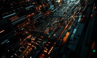 Futuristic circuit network. Complex interconnected glowing circuit board design. Abstract technology photo