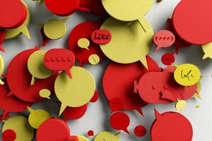 Abstract graphic design featuring a multitude of overlapping speech bubbles in red and yellow, a digital illustration of social media interactions, and a visual representation of online communication photo