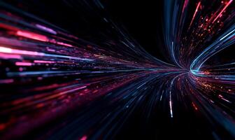Abstract digital tunnel with vibrant streaks of light. Intense speed and movement through a data-rich tunnel photo