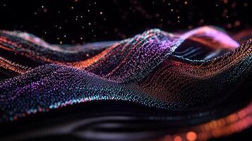 Abstract digital landscape of colorful particles flowing in undulating waves photo