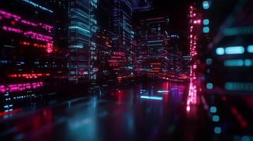 Neon-lit digital cityscape reflecting on a dark glossy surface Code streams create towering structures photo