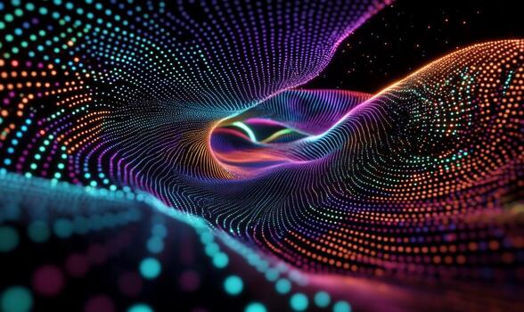 Vibrant multicolored particles swirl and flow creating a dynamic abstract wave-like pattern against a dark background photo