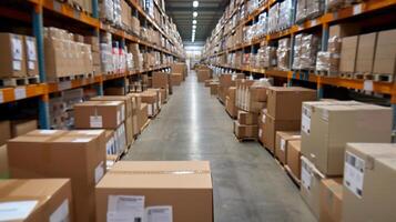A large warehouse with boxes and shelves photo