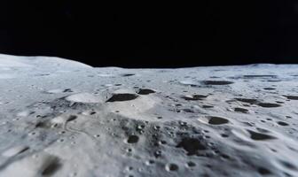 Lunar surface with craters. Vast expanse of the moon, featuring numerous impact craters, a gray, rocky terrain photo