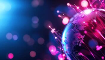 Global digital network, illuminated by glowing fiber optic cables, showcasing interconnectedness photo