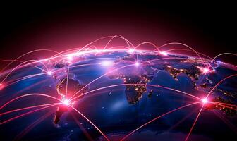 Global network connecting the world. Illuminated connections spanning the globe photo
