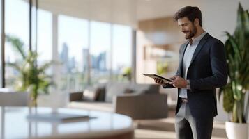 A man in a suit is standing in front of a table with a tablet photo