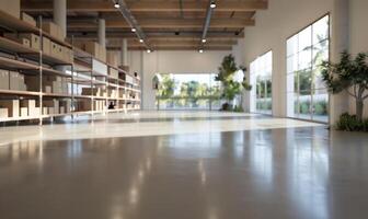 An empty warehouse with boxes and shelves photo