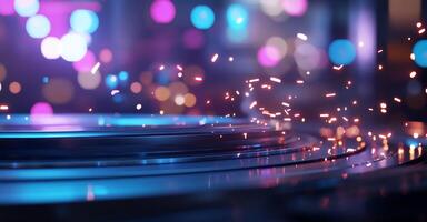 Futuristic, vibrant, circular platform with glowing sparks and bokeh lights photo
