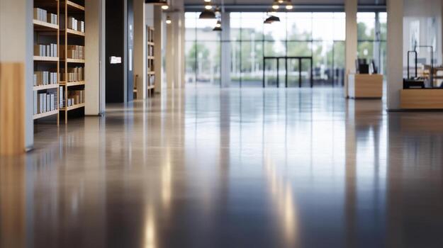 An empty library with bookshelves and a large window photo
