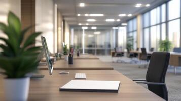 An empty office with a desk and chairs photo