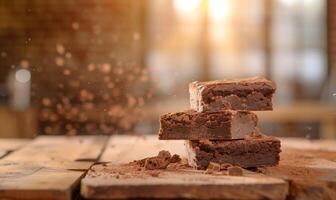 Delicious brownies, stacked high, on a rustic wooden table, dusted with cocoa powder. A warm, inviting background photo