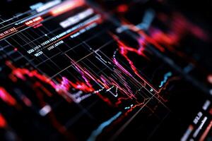 Stock market data displayed on a screen. Detailed financial information. Fluctuations and trends shown with vibrant colors photo