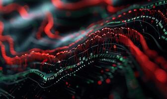 Abstract data visualization, displaying complex information. A dynamic representation of data patterns, showing fluctuating trends photo
