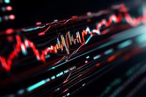Stock market data visualization. Complex financial charts with fluctuating trends displayed on a digital screen. Detailed graphs of market performance are showcased photo