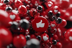 Social Media Engagement. A vibrant display of likes, hearts, and thumbs-up icons in a 3D rendering photo