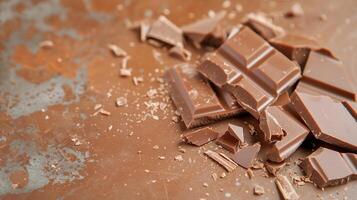 Broken milk chocolate bar pieces scattered on a surface photo