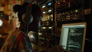 Young person engrossed in coding at a sound studio photo