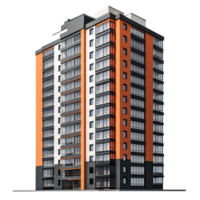A rendering of a tall building with orange and white windows png