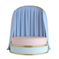 Curved layered podium in soft blue with elegant draping for events and presentations png