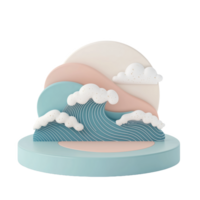 Pastel geometric podium with waves and clouds in a serene coastal setting png