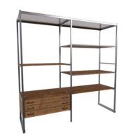 Modern 3D rendering of a stylish open shelving unit with drawers png