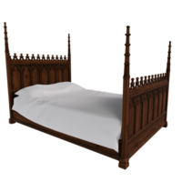 Elegant 3D rendering of a gothic style wooden bed with pointed posts png