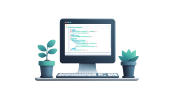 Modern Workspace Setup with Computer, Keyboard, and Plants for Productivity and Aesthetics png