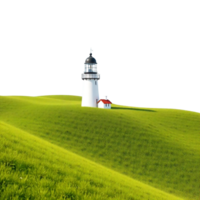 A lighthouse on top of a hill with grass and trees png
