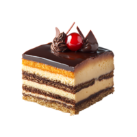 piece of cake with chocolate and cherries on top png