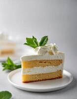 A slice of cake with whipped cream and mint leaves on top. The cake is placed on a white plate Generated image photo