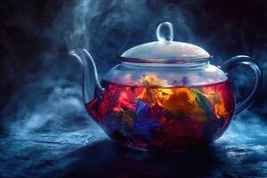 Colorful tea layers create a stunning display inside a dark glass teapot with vivid visuals and atmospheric appeal photo