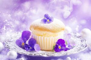 Miniature yuzu souffl with butterfly pea petals and gold-dusted violets on ornate plate with sak foam photo