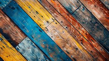 Colorful wooden planks create a vibrant and textured surface, perfect for backgrounds or design elements in various projects. photo