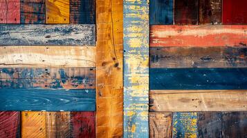 Colorful wooden planks arranged in a rustic pattern, ideal for backgrounds, textures, and creative projects. photo