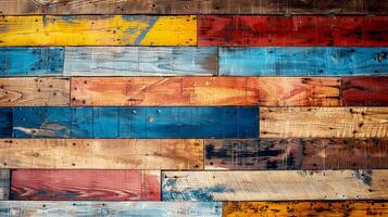 Colorful wooden planks create a vibrant and rustic background, perfect for design projects or artistic displays. photo