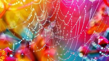 Vibrant close-up of a spider web with dew drops against a colorful, blurred nature background, creating a magical and ethereal scene. photo