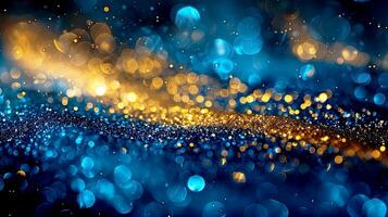 Vibrant abstract background with blue and gold bokeh lights creating a dynamic and festive atmosphere, perfect for holiday designs. photo