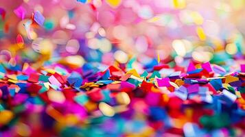 Vibrant macro shot of colorful confetti scattered across a surface, creating a festive and celebratory atmosphere with a bokeh effect. photo