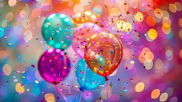 Vibrant celebration with colorful balloons and confetti, creating a festive atmosphere full of joy and cheer. Perfect for parties and special events. photo