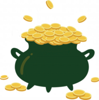 A whimsical pot overflowing with shiny gold coins, symbolizing wealth and prosperity. png
