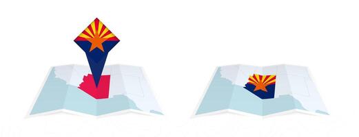 Two versions of an Arizona folded map, one with a pinned country flag and one with a flag in the map contour. Template for both print and online design. vector