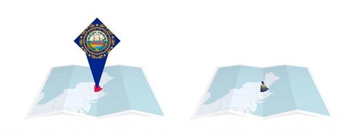 Two versions of an New Hampshire folded map, one with a pinned country flag and one with a flag in the map contour. Template for both print and online design. vector