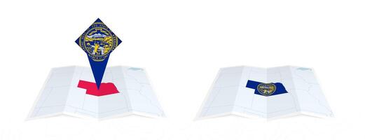 Two versions of an Nebraska folded map, one with a pinned country flag and one with a flag in the map contour. Template for both print and online design. vector