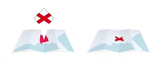 Two versions of an Alabama folded map, one with a pinned country flag and one with a flag in the map contour. Template for both print and online design. vector