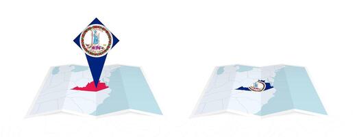 Two versions of an Virginia folded map, one with a pinned country flag and one with a flag in the map contour. Template for both print and online design. vector